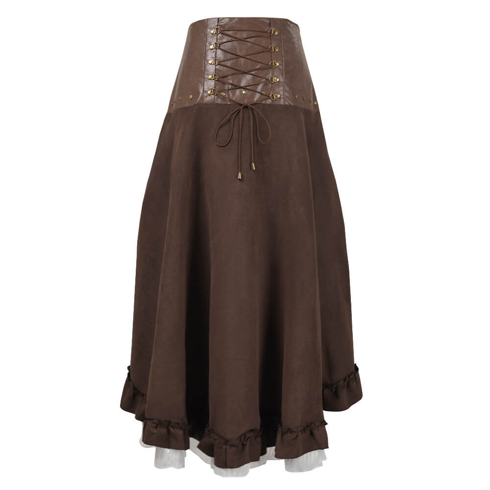 Steampunk Irregular Skirt Brown Dress Halloween Stage Costume Set