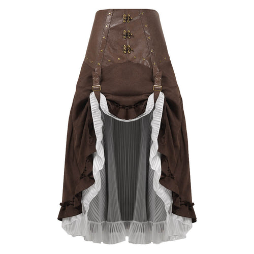 Steampunk Irregular Skirt Brown Dress Halloween Stage Costume Set