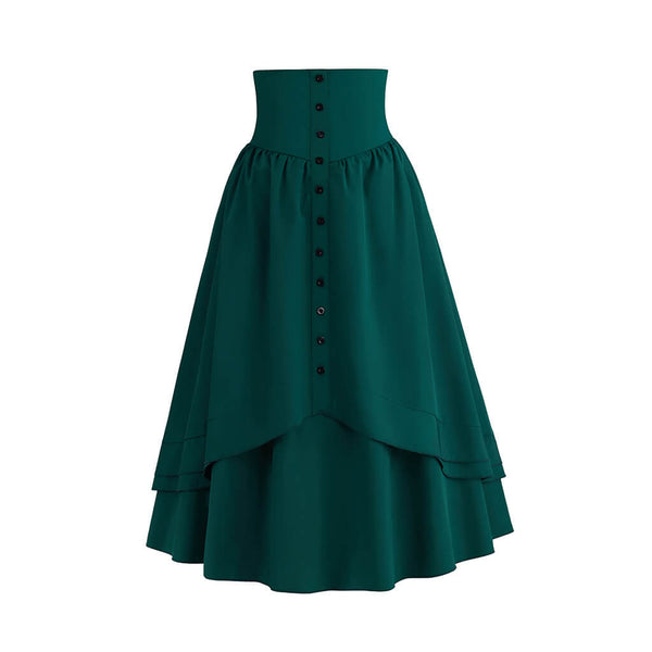 Women Medieval Retro Dress High Waist A-Line Green Ruffled Skirt